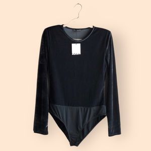 Zara NWT Velvet Bodysuit Shoulder Pads Crushed Blue Long Sleeve New Womens Large